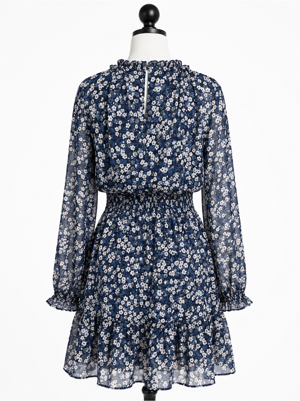 VICI Navy Blue Floral Smocked Mini Dress Long Sleeve Boho Cottagecore Size S - Picture 3 of 9